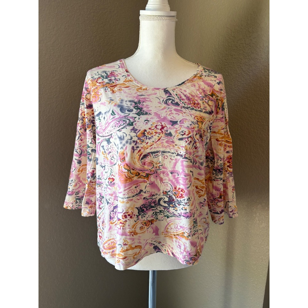 Orvis Womens XL Pink Purple Paisley Floral 100% Cotton 3/4 Sleeve Scoop Neck Top